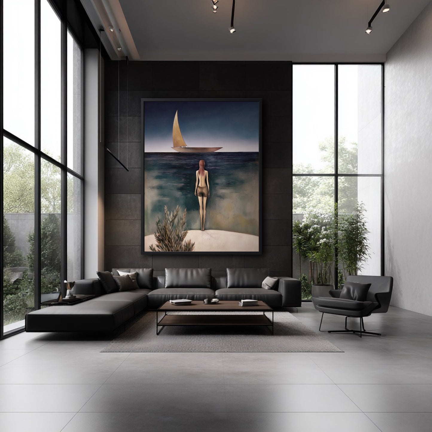 The large figurative painting's serene blue and gold tones add a soft, human element, contrasting the room's dark, modern design.