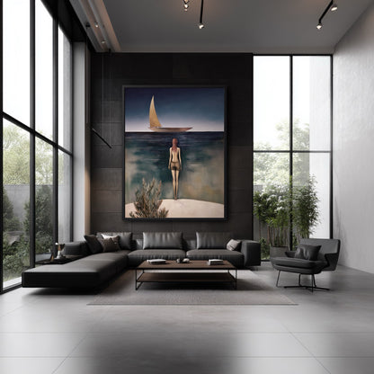 The large figurative painting's serene blue and gold tones add a soft, human element, contrasting the room's dark, modern design.