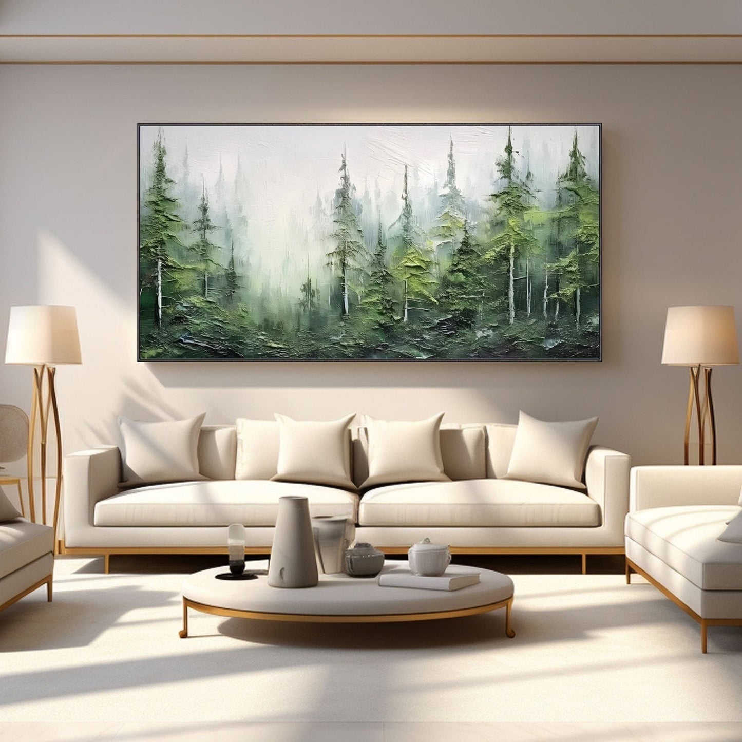 Textured misty landscape art extends the calming, neutral earth tones of the sectional and wood coffee table in a sunlit, contemporary space.