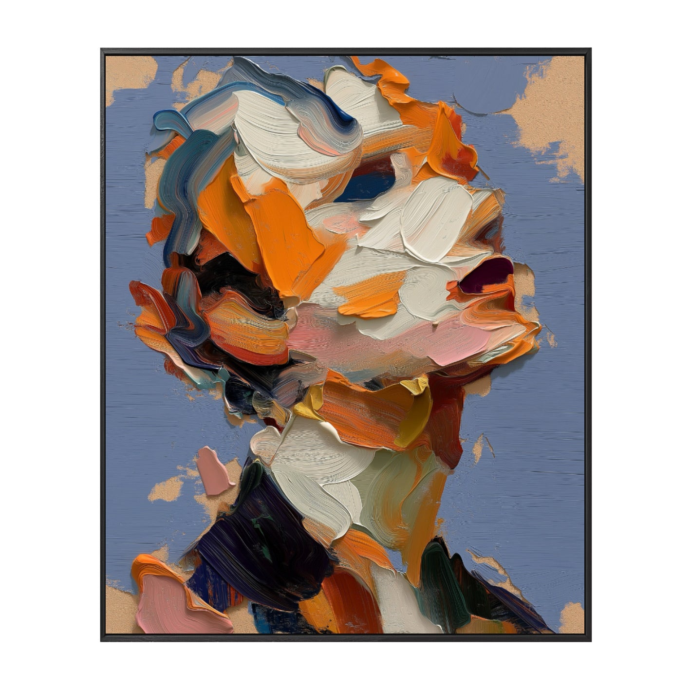 Abstract expressionist palette knife portrait painting on blue background. Thick texture orange white oil modern art.