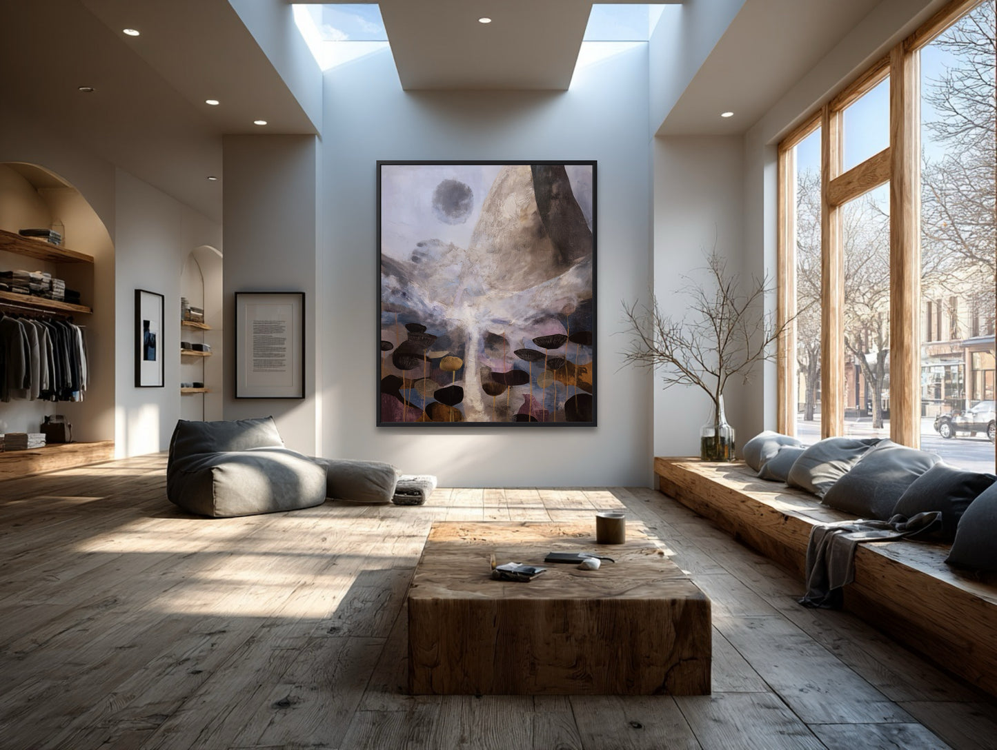Large framed abstract art anchors a bright, high-ceilinged loft, enhancing the airy, natural light and rustic wood aesthetic.