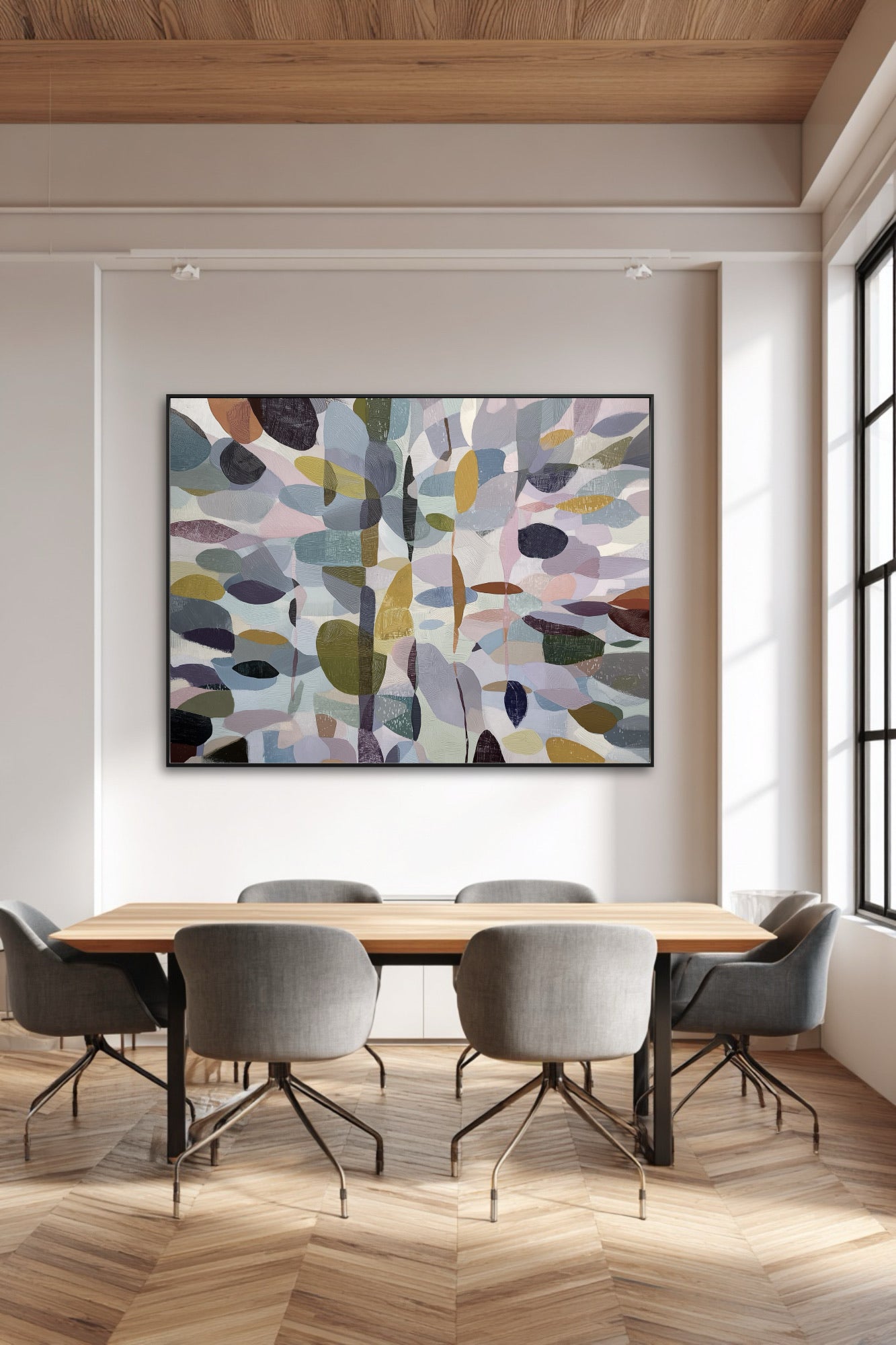 Modern original abstract painting complements the warm wood ceiling and herringbone floor in a sleek, neutral-toned dining space.