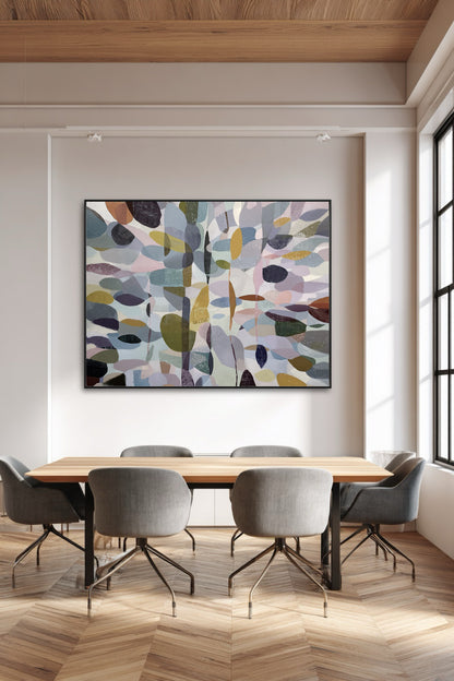 Modern original abstract painting complements the warm wood ceiling and herringbone floor in a sleek, neutral-toned dining space.