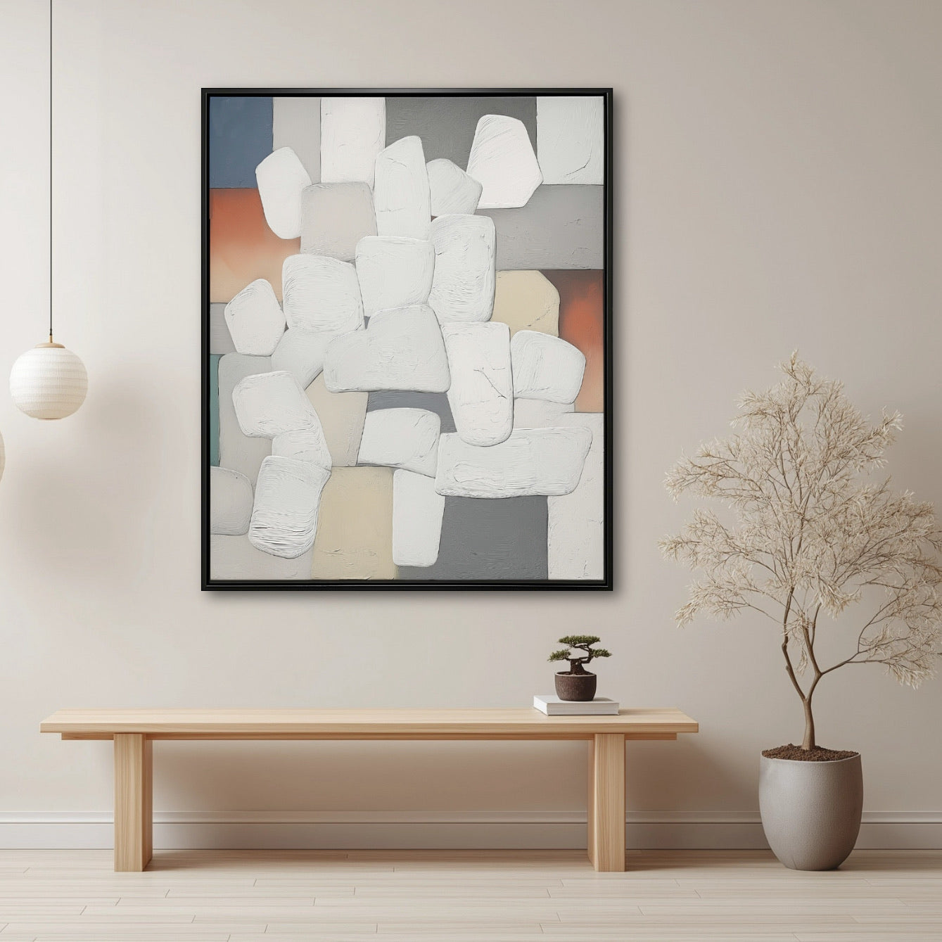 A room pic shows an expressionist deco painting, creating elegant, minimalist, cozy, calm, whimsical, and futuristic vibes.
