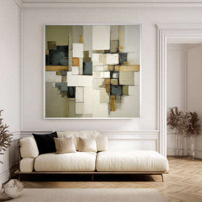 Modern living room with a white sofa, abstract wall art, and decorative plants.