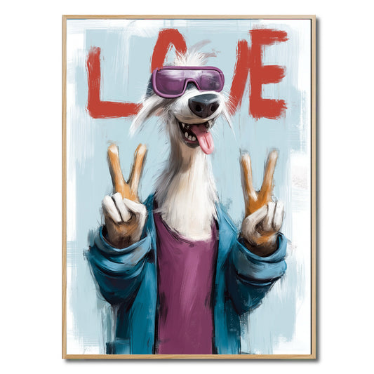 Original abstract dog painting in a jacket and goggles, giving two peace signs. Street art style with blue and red.