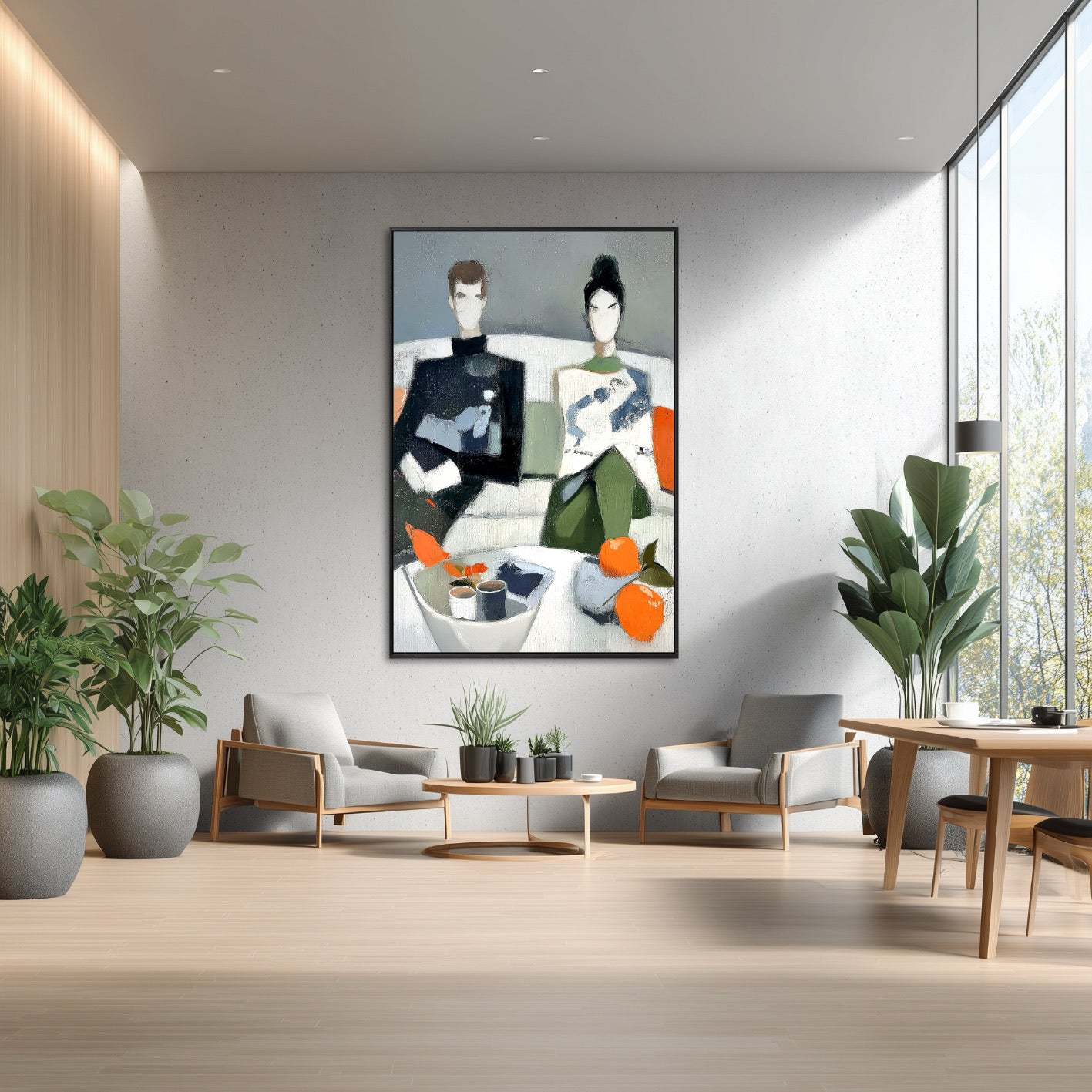 Oversized modern portrait dominates a bright, minimalist interior. The artwork contrasts with the raw concrete wall and highlights the light wood, floor-to-ceiling windows.