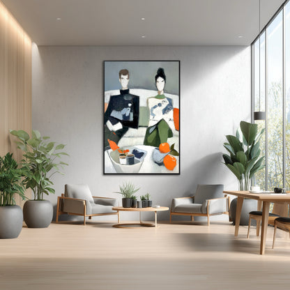 Oversized modern portrait dominates a bright, minimalist interior. The artwork contrasts with the raw concrete wall and highlights the light wood, floor-to-ceiling windows.
