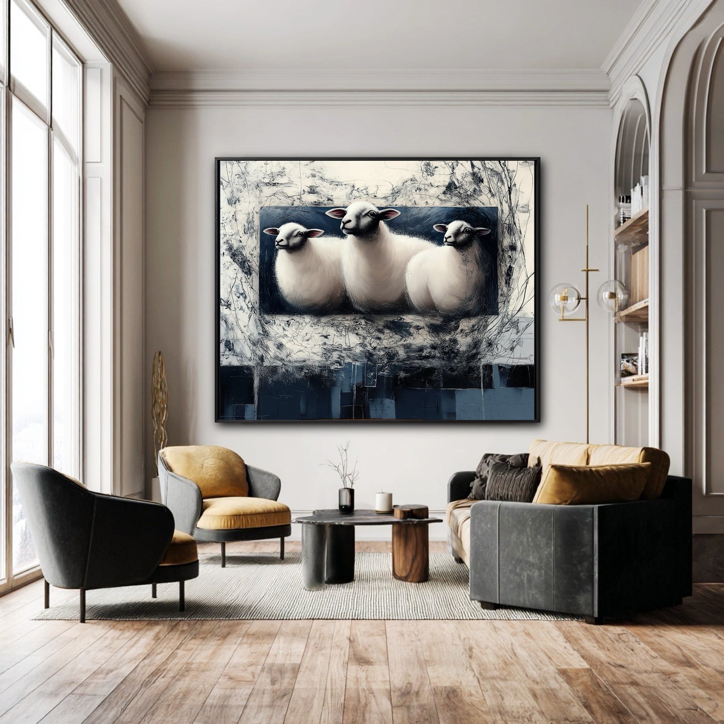Oversized abstract sheep painting anchors a grand, modern living room with high ceilings, large windows, and mixed furniture.