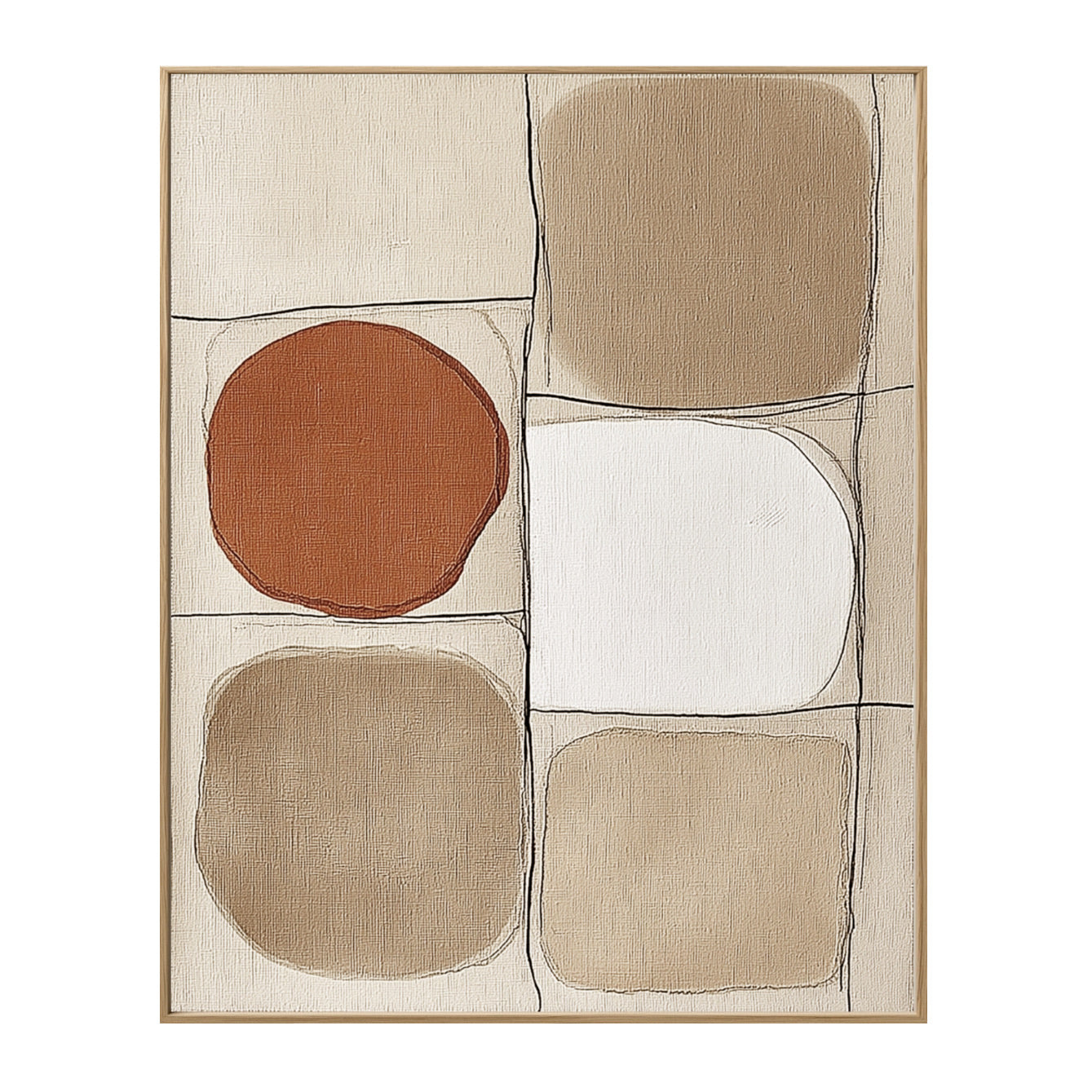 Warm neutral beige grid art, rust orange circle, contemporary minimalist style, modern geometry decor.
