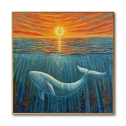 Original surrealist whale painting under a luminous orange sunset. Textured impasto art blends a warm sky and a cool blue ocean.