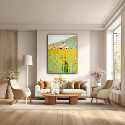 Modern farmhouse living room with yellow floral wall art. Impressionist meadow painting styled with indoor plants and wood.