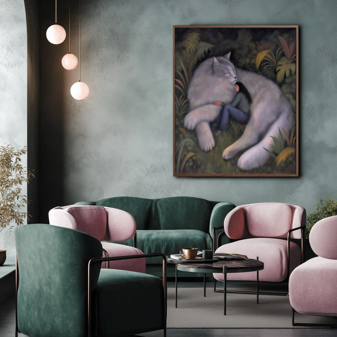 Fantasy art provides a dark, surreal contrast against the modern, bold jewel-tone furniture (pink/emerald green), adding drama.