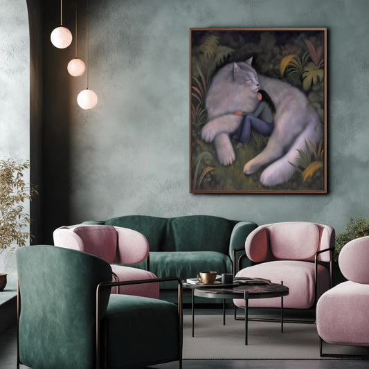Fantasy art provides a dark, surreal contrast against the modern, bold jewel-tone furniture (pink/emerald green), adding drama.