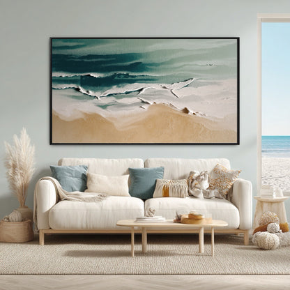 The large aerial beach painting perfectly matches the room's coastal boho decor and the actual ocean view from the window.