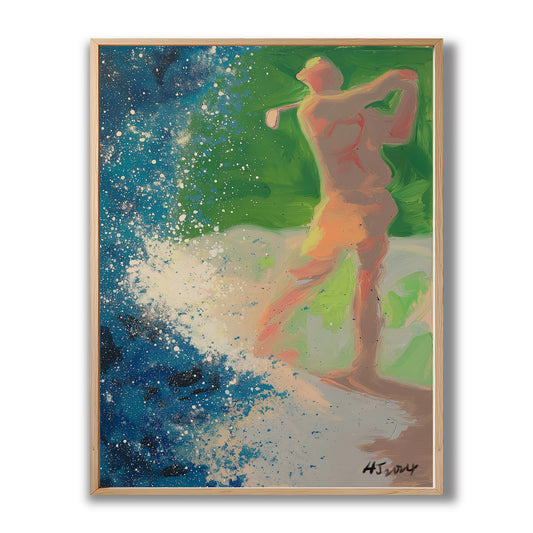 Original abstract golf painting with blue splatter and green hues. Cool and warm tones create a dynamic, energetic sports vibe.