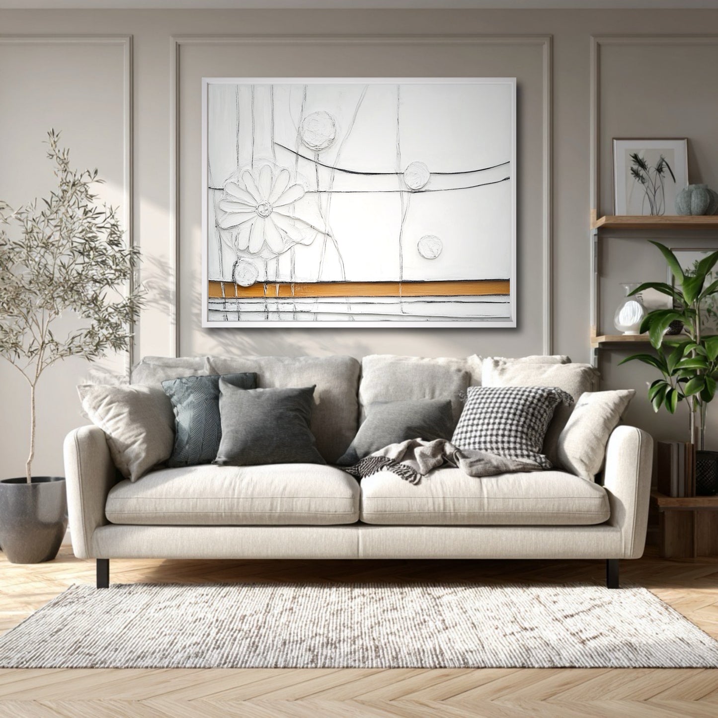 This textured floral artwork above a neutral sofa complements the cozy, contemporary living room with soft lighting and natural elements.