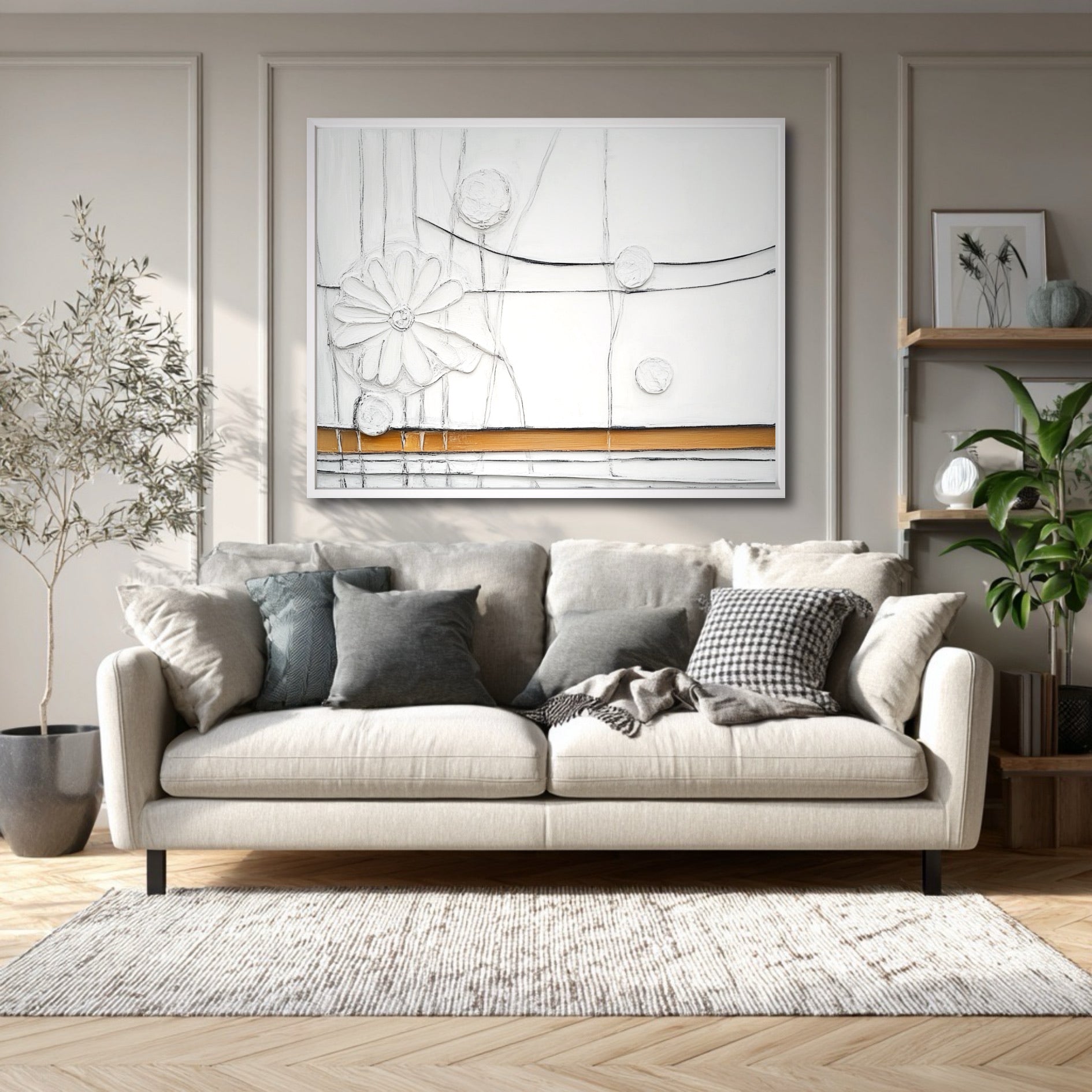 This textured floral artwork above a neutral sofa complements the cozy, contemporary living room with soft lighting and natural elements.