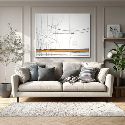 This textured floral artwork above a neutral sofa complements the cozy, contemporary living room with soft lighting and natural elements.