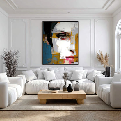 A large, colorful abstract painting hangs on a white-paneled wall, serving as the focal point in a minimalist all-white living room.
