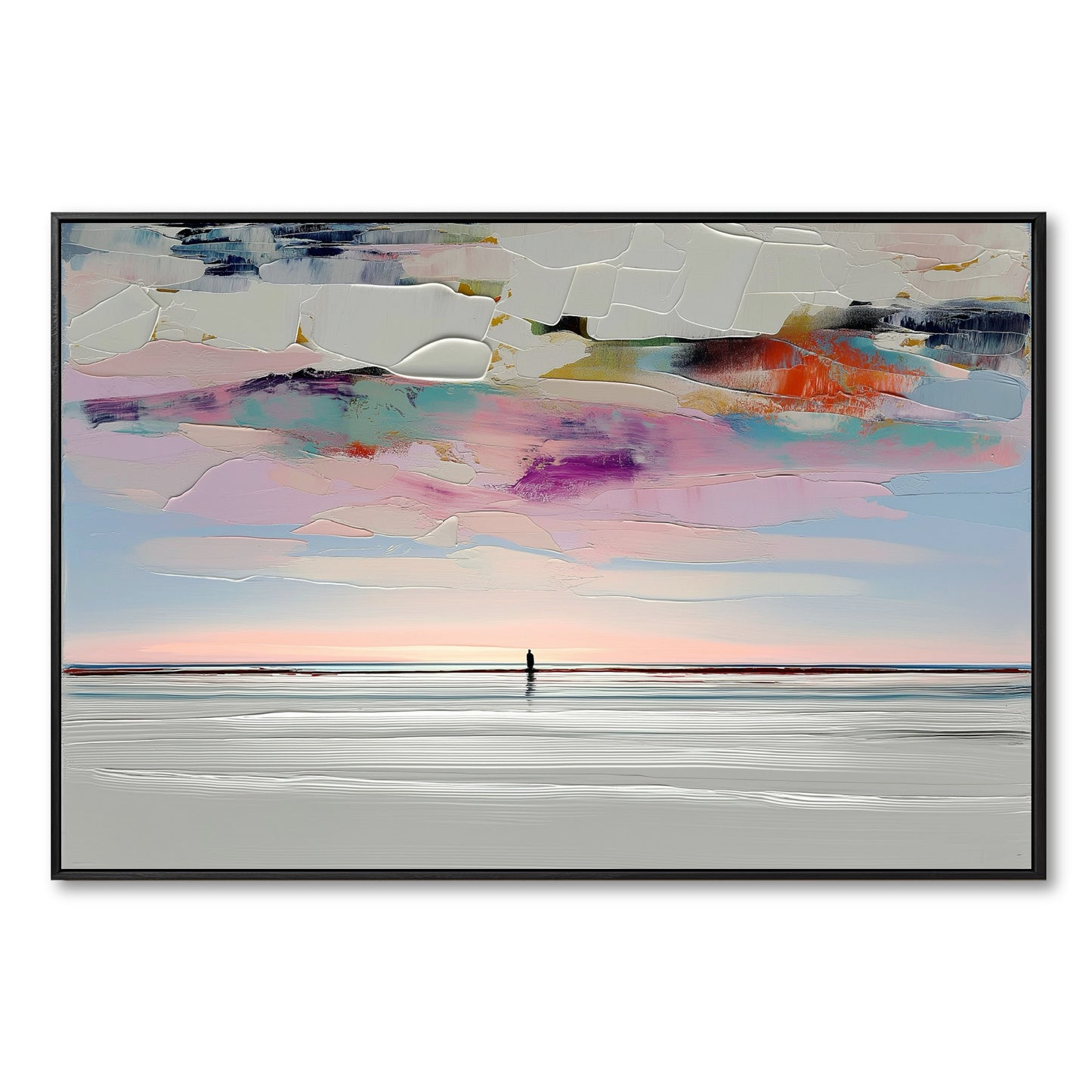 Original abstract landscape painting. A lone figure on a beach. Textured impasto sky in cool and warm pastels evokes a solitary vibe.