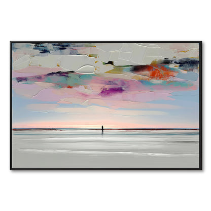Original abstract landscape painting. A lone figure on a beach. Textured impasto sky in cool and warm pastels evokes a solitary vibe.