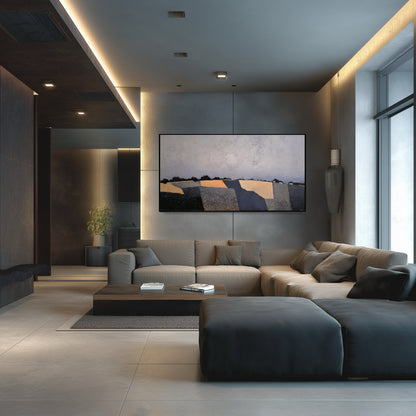 Original abstract landscape artwork enhancing a sophisticated grey living room. Warm ambient lighting creates a cozy, contemporary ambiance.