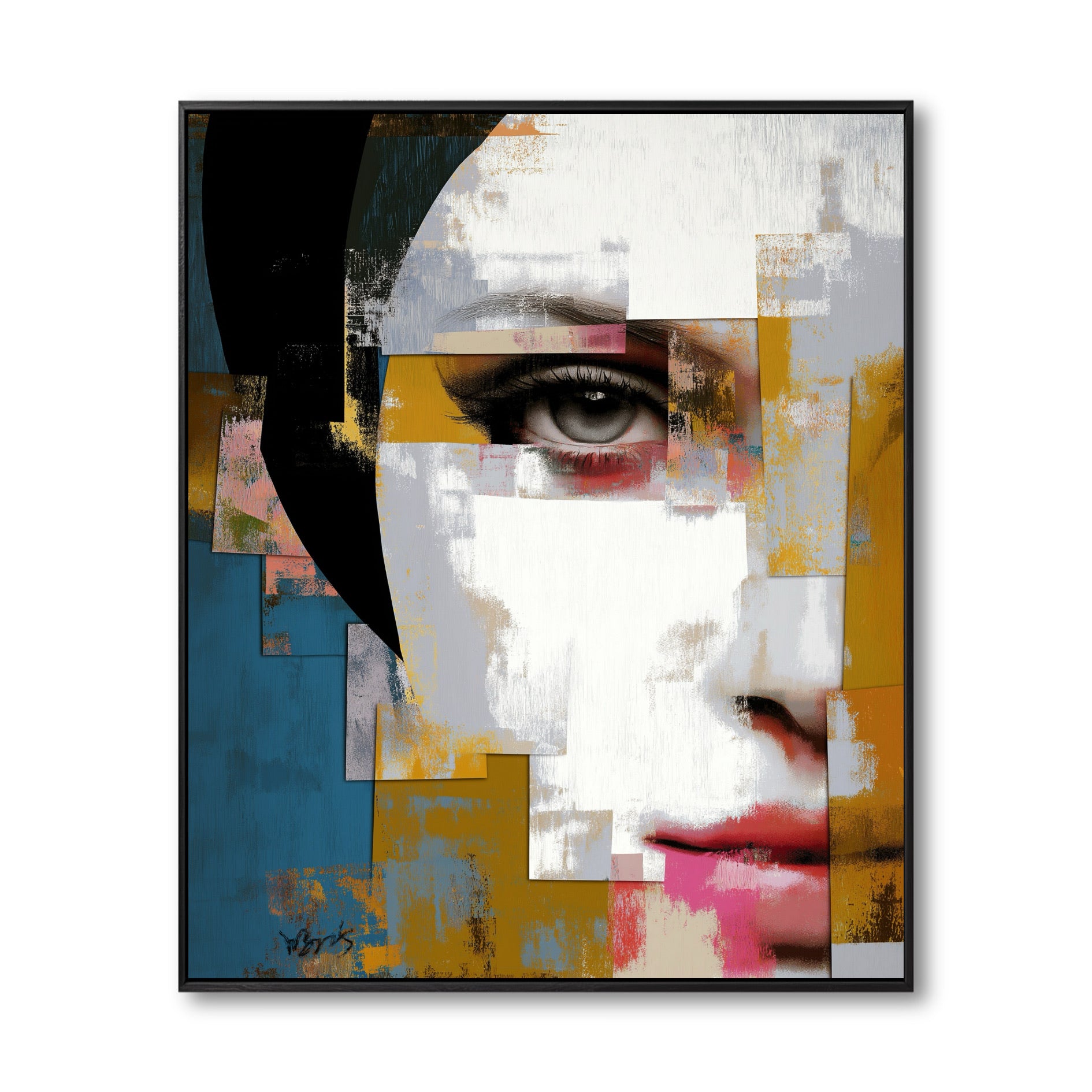 An original abstract figurative painting of a woman's fragmented face, featuring a realistic eye against a blue and yellow background.