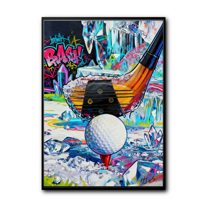 Original graffiti style golf oil painting. Impasto club hitting ball with ice crystals. Colorful pop art wall decor.