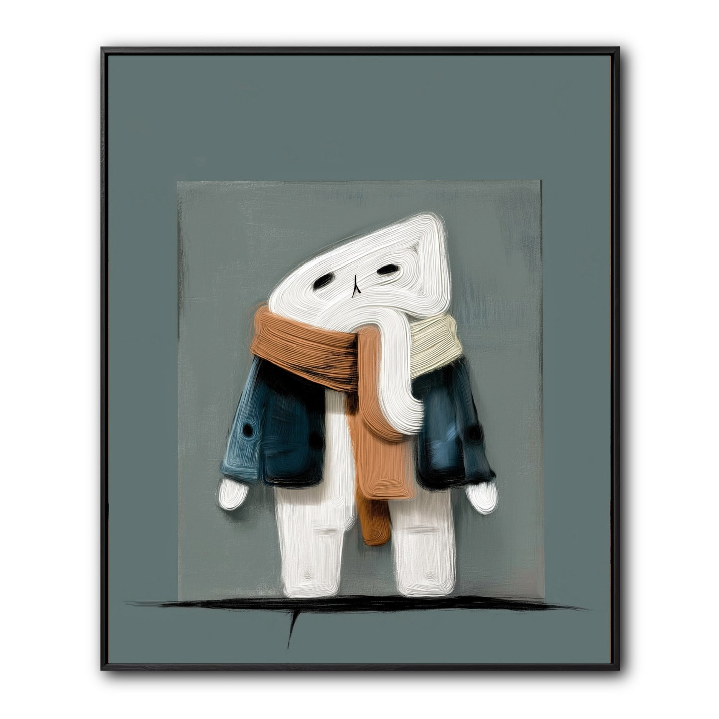 Original abstract cat oil painting. Modern art with a whimsical, contemplative vibe. Features cool blue and warm orange-peach tones.