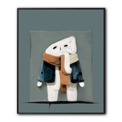 Original abstract cat oil painting. Modern art with a whimsical, contemplative vibe. Features cool blue and warm orange-peach tones.