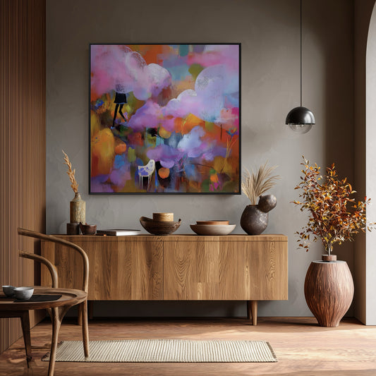 Expressive abstract painting is a focal point over a mid-century modern console; its bright colors pop against the moody gray wall and warm wood accents.