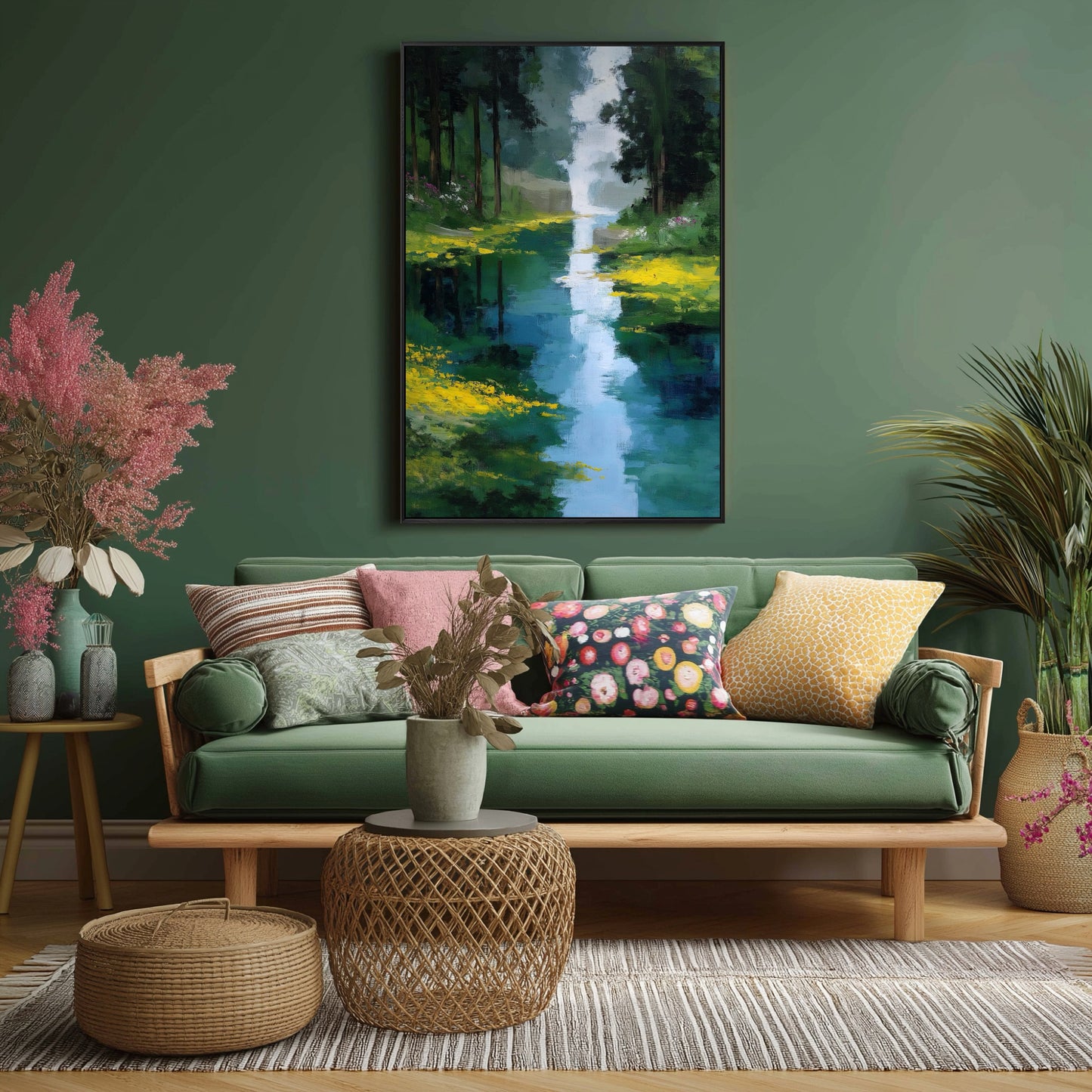 Original Impressionist forest river art hung on a hunter-green wall. It complements a cozy, natural wood bohemian living space with rattan accents.