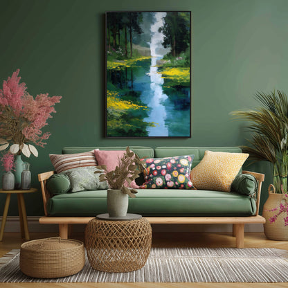Original Impressionist forest river art hung on a hunter-green wall. It complements a cozy, natural wood bohemian living space with rattan accents.
