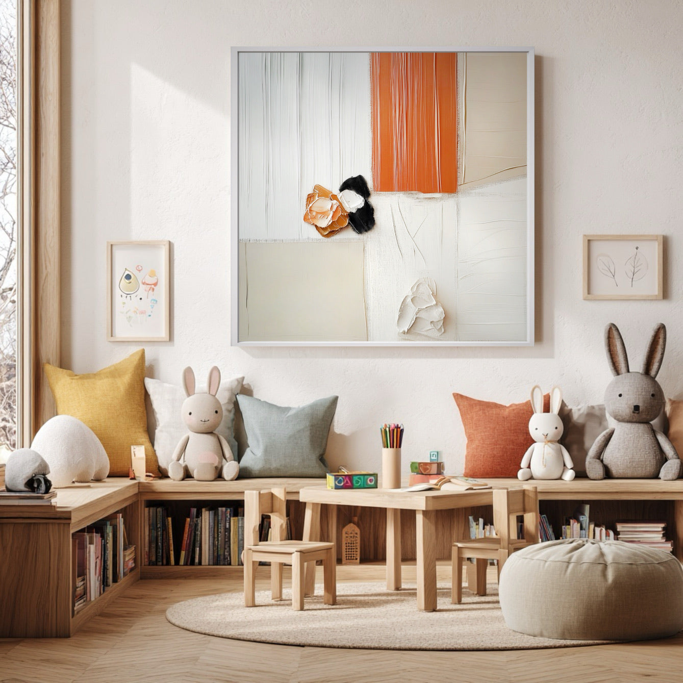 Textured art as the focal point in a bright kids' room, complementing the low wood bench and playful rabbit toys.