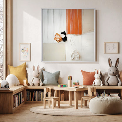 Textured art as the focal point in a bright kids' room, complementing the low wood bench and playful rabbit toys.