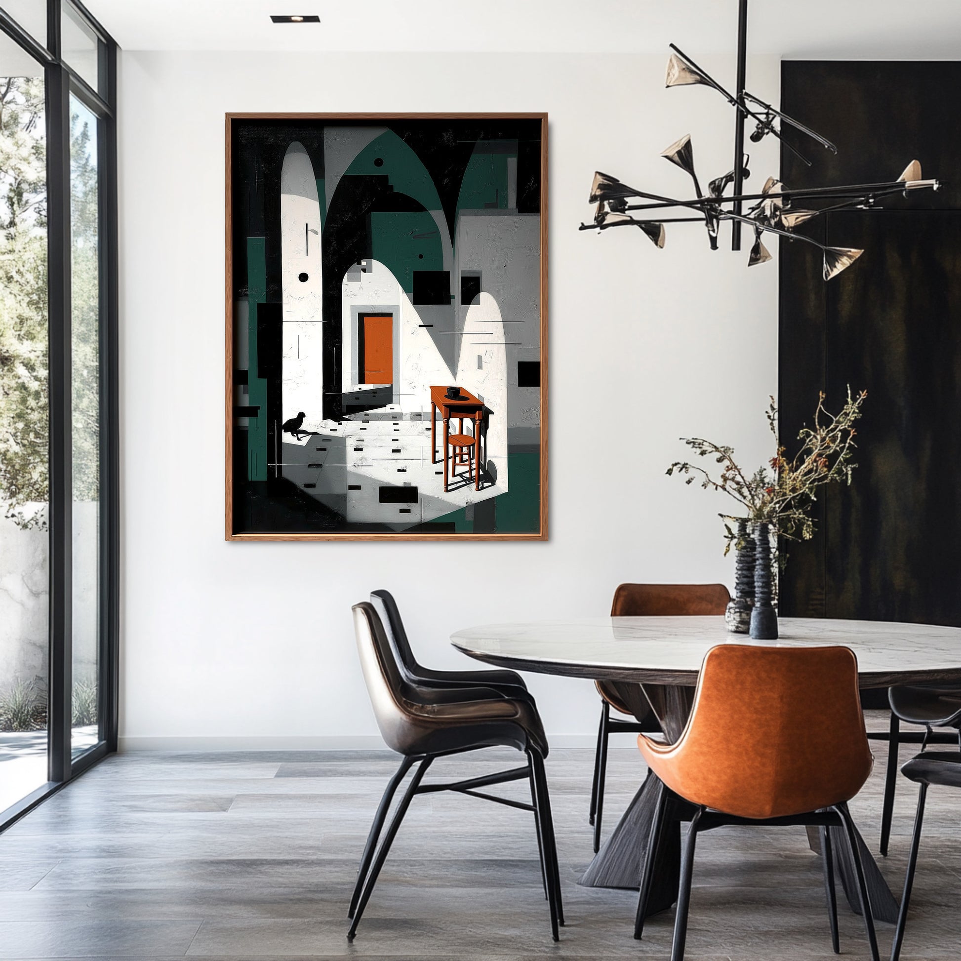 Large framed abstract artwork above a modern dining table enhances the room's contemporary and sophisticated feel with contrast.