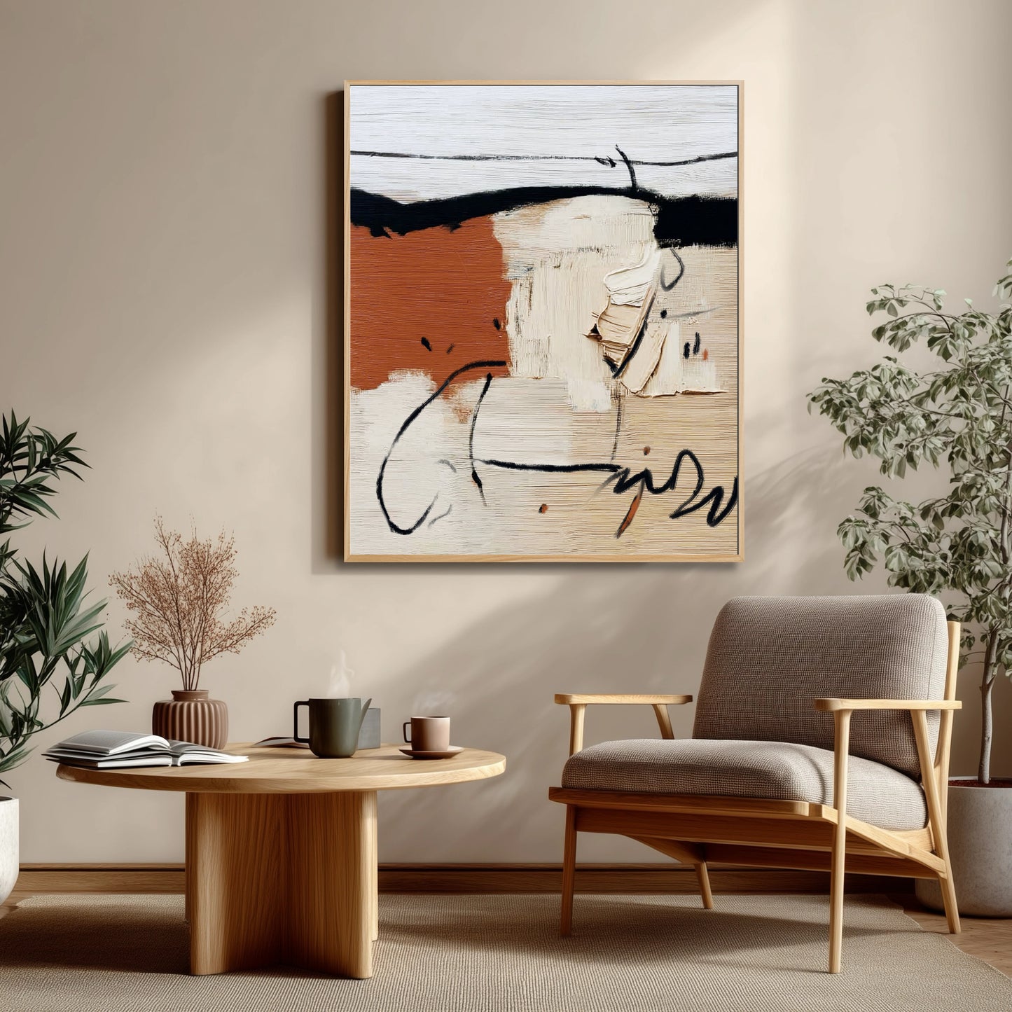 Warm-toned original abstract painting perfectly complements the mid-century modern wood chair and cozy lounge setting.