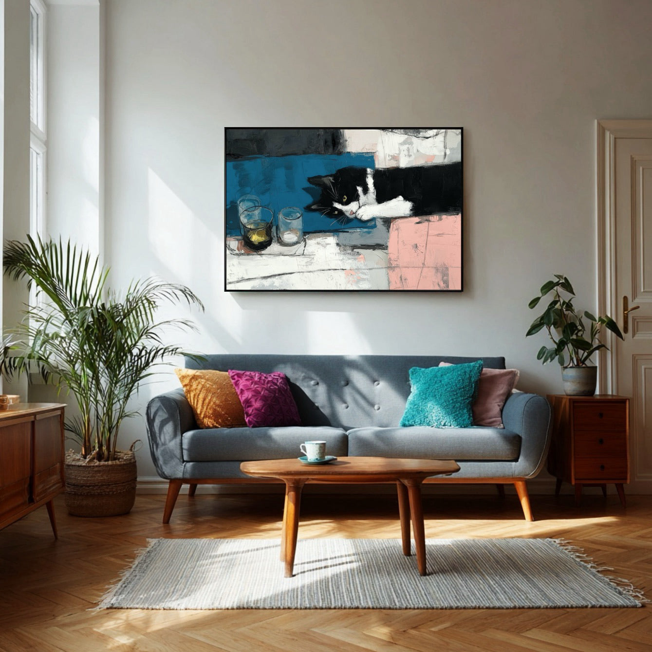 Cat portrait art centers a mid-century modern living room over a mid-gray sofa, adding a dynamic focal point to the sunlit hardwood floor.