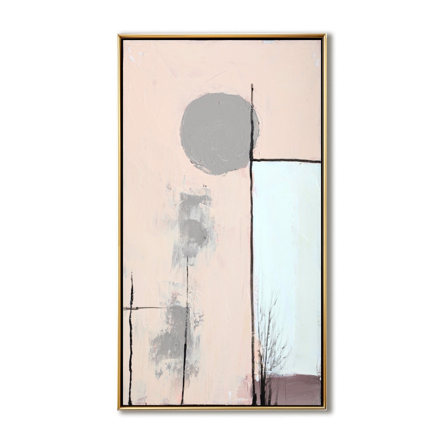 A cozy abstract hand-drawn oil painting: a vertical geometric field landscape in rustic strokes, warm, and beige tones.