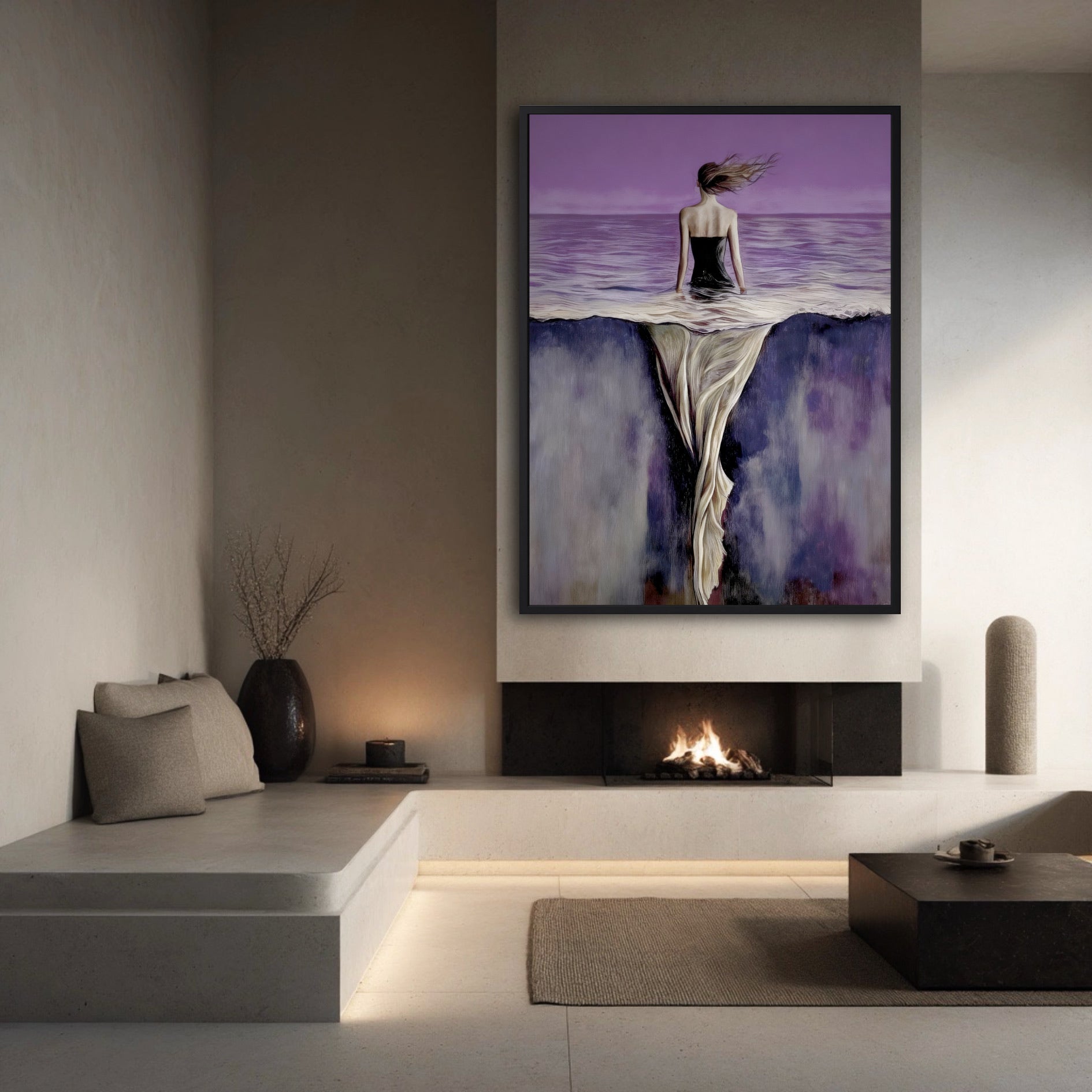 A large surreal purple painting acts as a bold focal point over a modern, minimalist fireplace in an earthy-toned room.