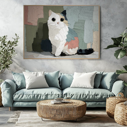 Abstract cat art hangs over a curved teal sofa, adding gentle color to a rustic living space with a concrete wall and woven rattan coffee table.