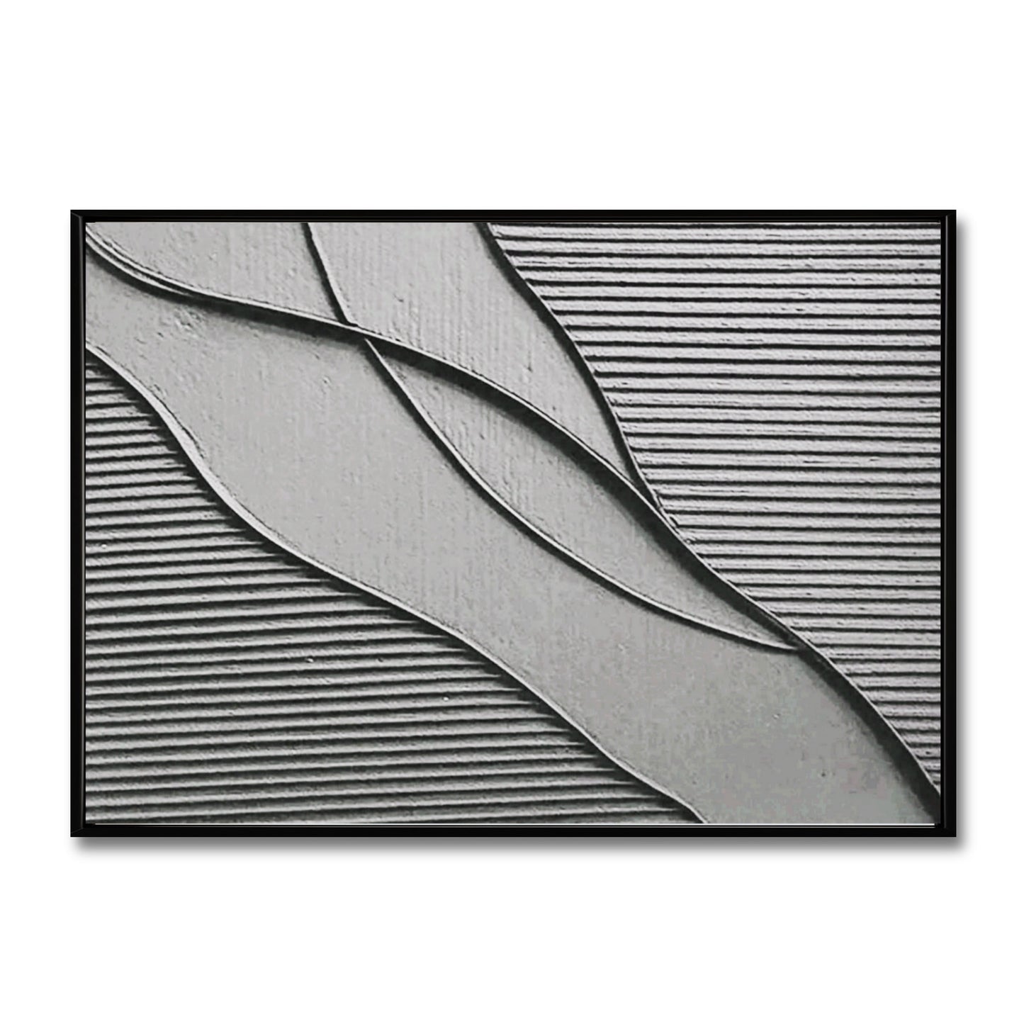 Original abstract textured wall art. Gray waves flow over a linear, grooved background. Neutral, cold-toned palette for modern decor.
