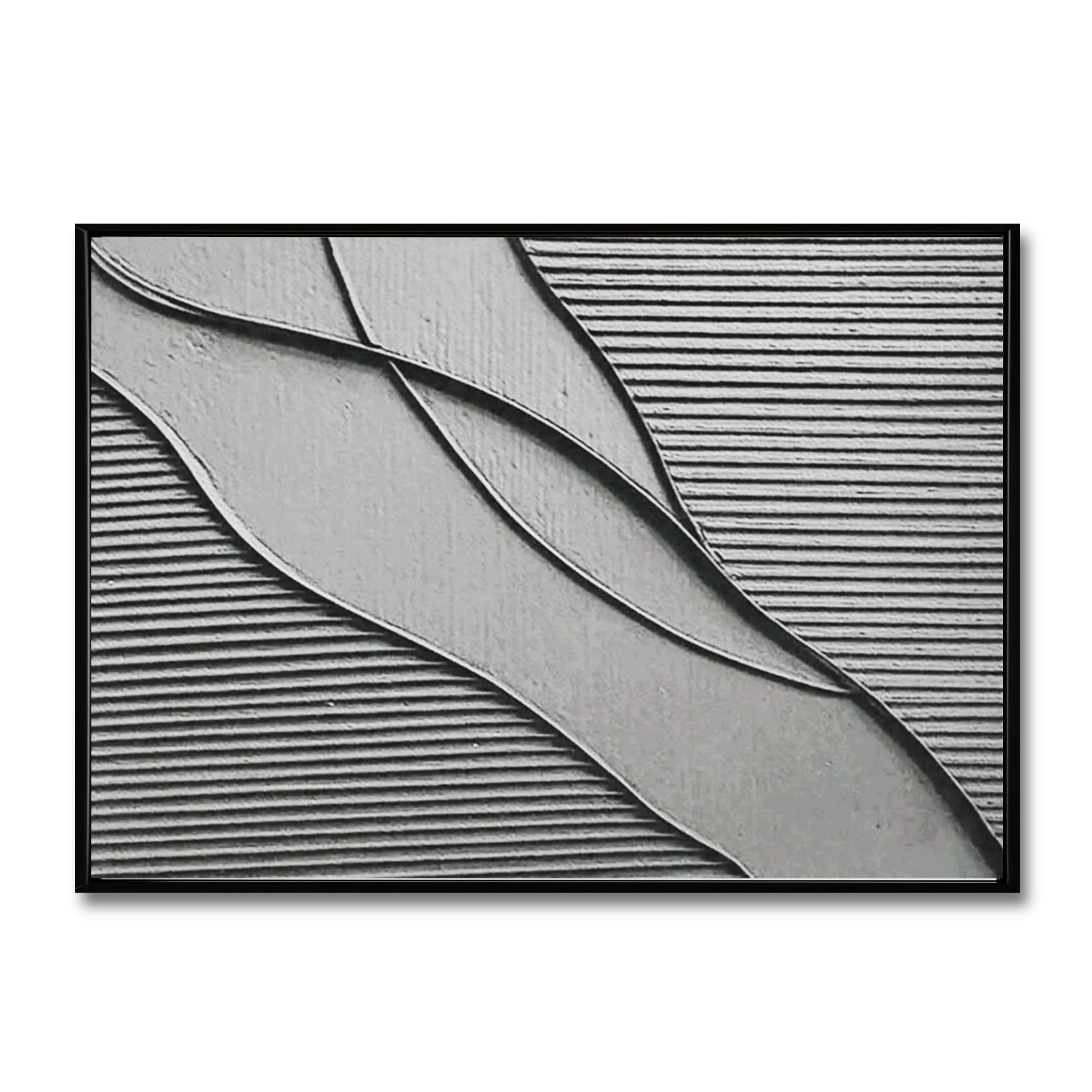 Original abstract textured wall art. Gray waves flow over a linear, grooved background. Neutral, cold-toned palette for modern decor.