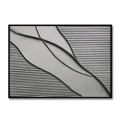 Original abstract textured wall art. Gray waves flow over a linear, grooved background. Neutral, cold-toned palette for modern decor.