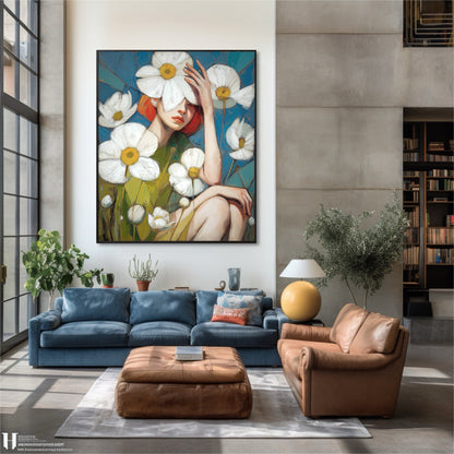 Large original painting adds expressive color and nature to a chic, modern industrial loft with concrete walls, high windows, and a rich blue velvet sofa.