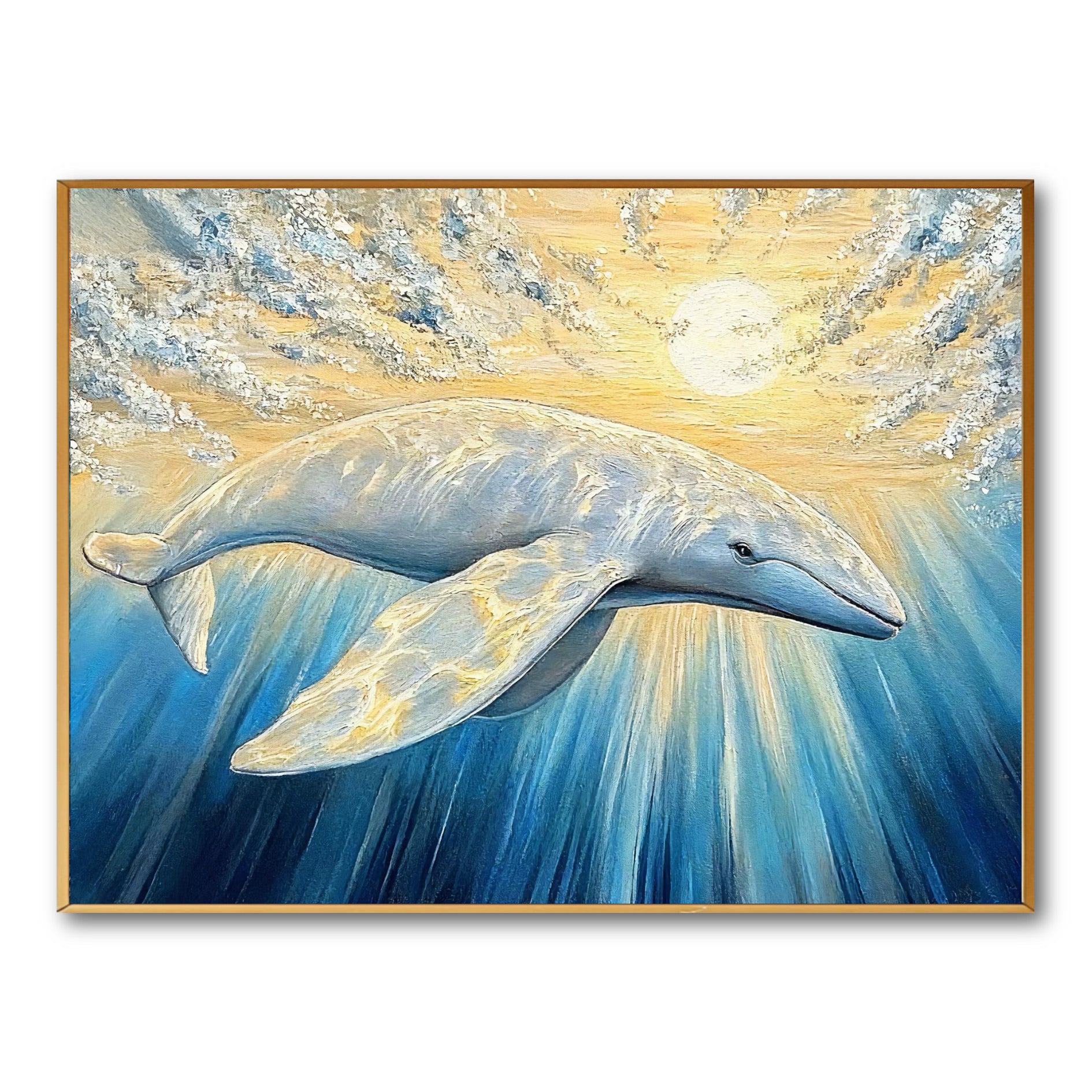 Original impasto painting of a white whale under a golden sun. Thick texture in cool blue and warm yellow tones creates a hopeful vibe.