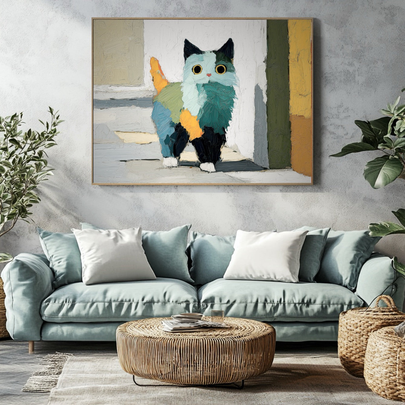 Original abstract cat painting on a textured wall, complementing a teal sofa and natural wicker furniture. Modern art.