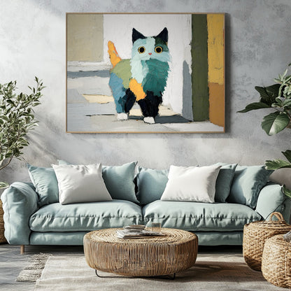 Original abstract cat painting on a textured wall, complementing a teal sofa and natural wicker furniture. Modern art.