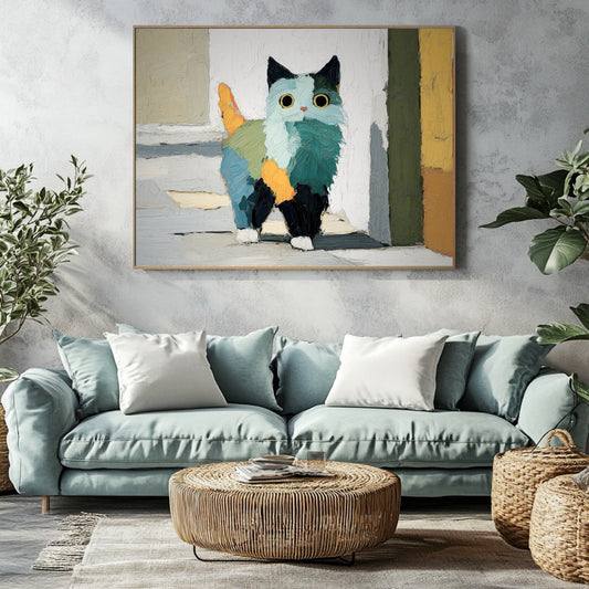 Original abstract cat painting on a textured wall, complementing a teal sofa and natural wicker furniture. Modern art.